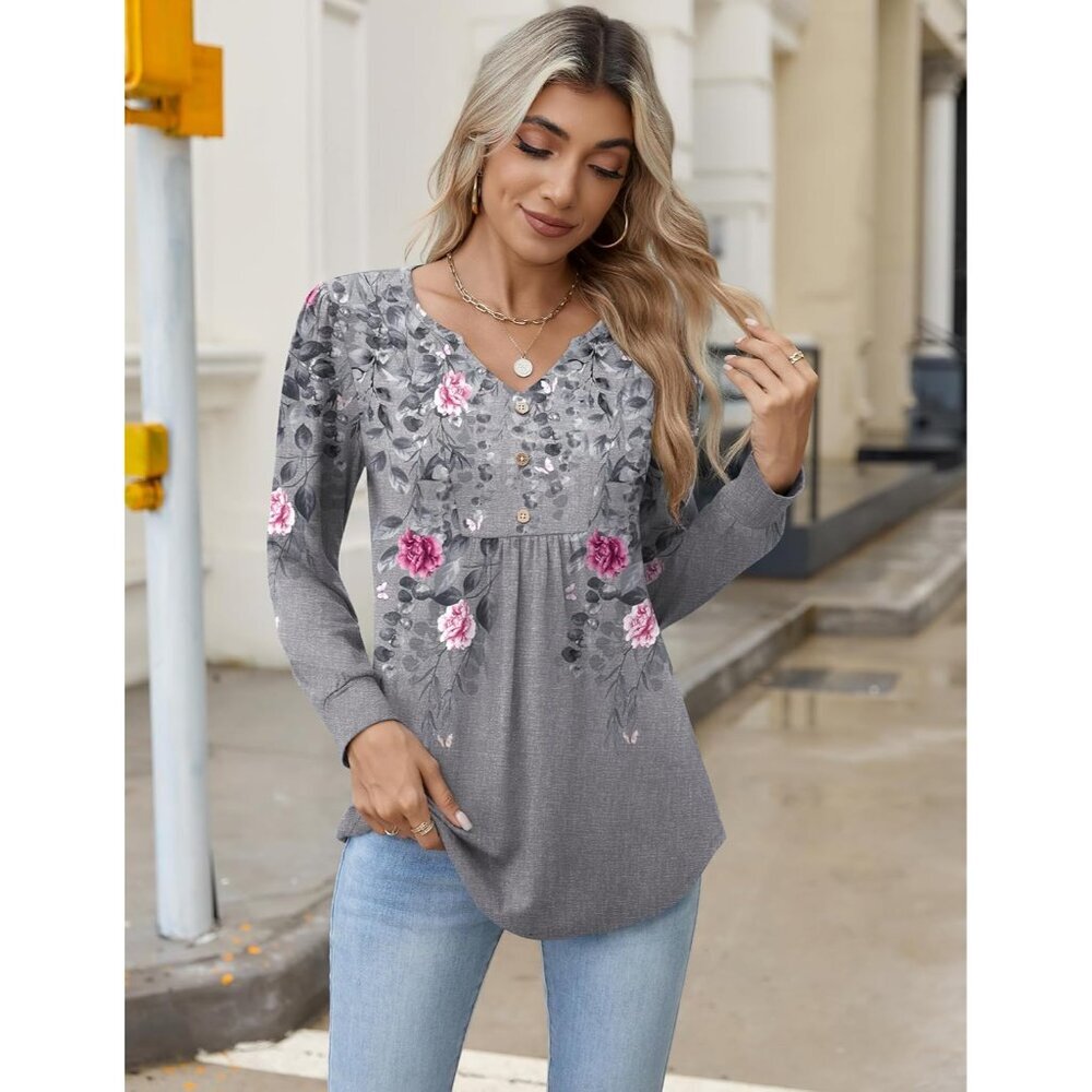 Floral V-Neck Long Sleeve Tee - Gray with Pink Floral - Picture 4 of 6